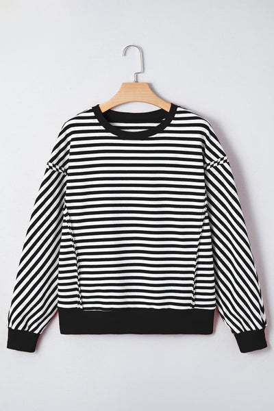 Chic Women's Black Stripe Drop Shoulder Pullover Top with Exposed Seams for Effortless Casual Style