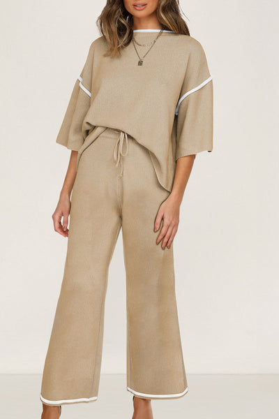 Women's Camel Knit Half-Sleeve Top and Wide-Leg Drawstring Pant Set