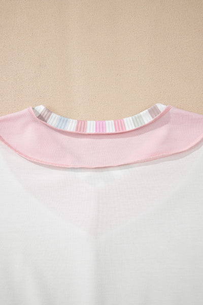 Women's Relaxed V-Neck Patchwork Top with Rainbow Stripe Detail