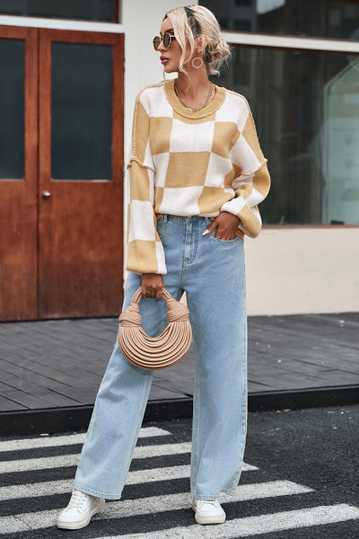 Cozy Women's Khaki Checkered Bishop Sleeve Sweater - Trendy Knit Top for Fall Fashion & Casual Outings