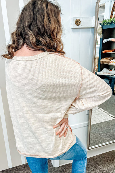 Women's Beige Floral Plaid Patchwork Knit Top with Textured Uneven Hem - Casual and Chic Everyday Wear