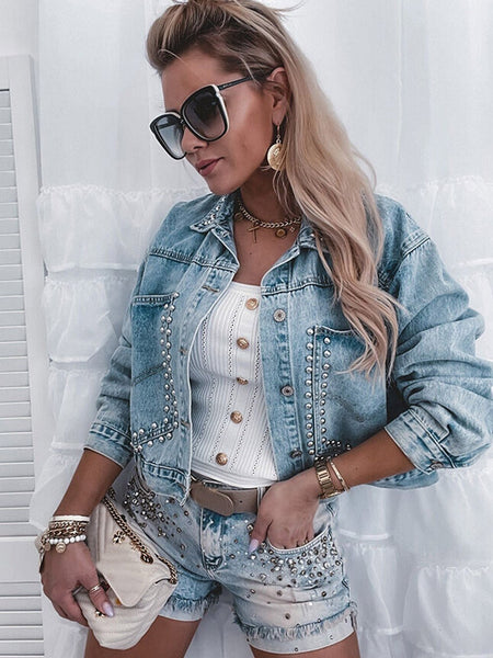 Women's Sky Blue Rhinestone Embellished Denim Shacket
