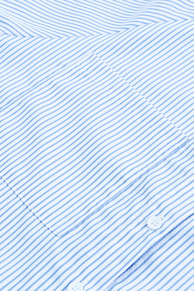 Women's Sky Blue Smocked Cuff Striped Boyfriend Shirt