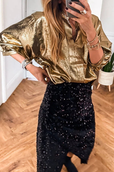 Women's Gold Metallic Split Neck Blouse with Half Sleeves