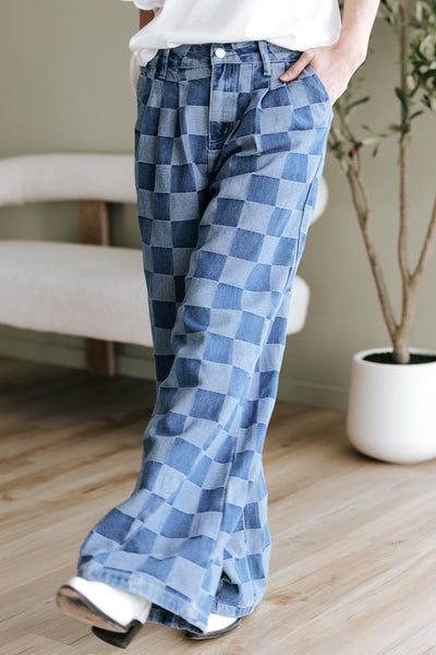 Dusk Blue Checkered Wide Leg Denim Jeans for Women - Stylish, Comfortable Fit for Casual and Chic Looks