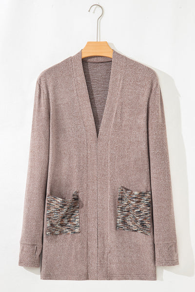 Women's Stylish Dark Khaki Open Front Knit Duster Cardigan with Contrast Pockets - Comfortable and Versatile Outerwear
