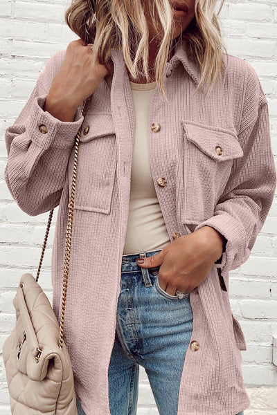 Trendy Women's Light Pink Corduroy Shacket with Flap Pockets and Button Closure - Stylish Layering Essential
