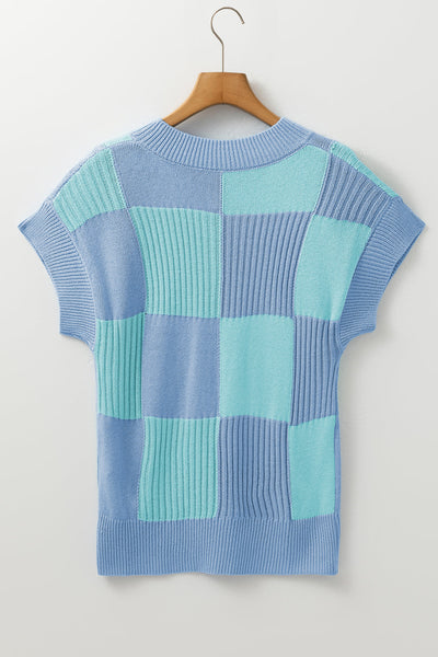 Women's Light Blue Checkered Color Block Short Sleeve Crew Neck Sweater Stylish & Versatile Knit Top for Casual Wear