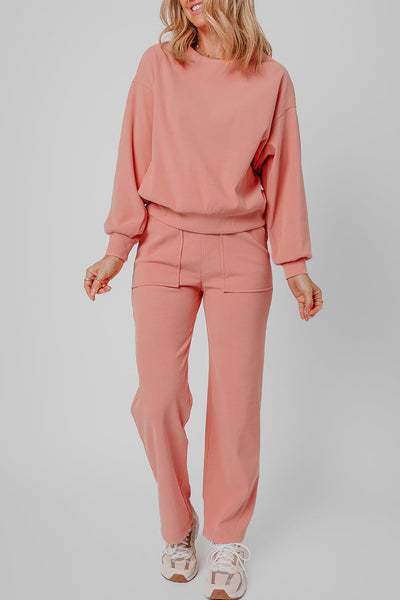 Stylish Women's Blossom Ribbed Knit Lounge Set with Drop Shoulders, Pockets, and Soft, Comfortable Fabric for Relaxation