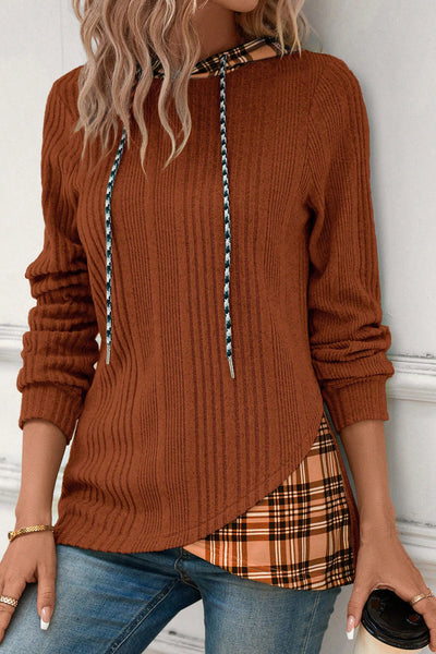 Women's Cozy Chestnut Plaid Hooded Top - Stylish Ribbed Knit with Drawstring and Trendy Patchwork Design