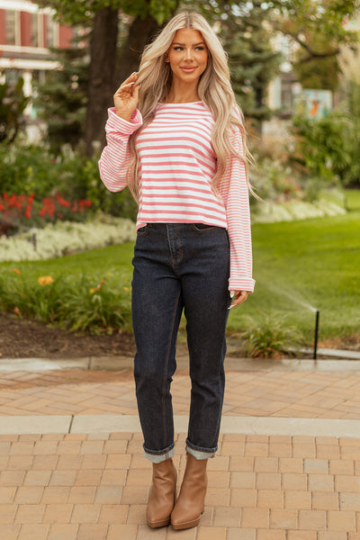 Trendy Women's Pink Striped Long Sleeve Top - Casual Fit, Stylish Design, Ideal for Everyday Outfits