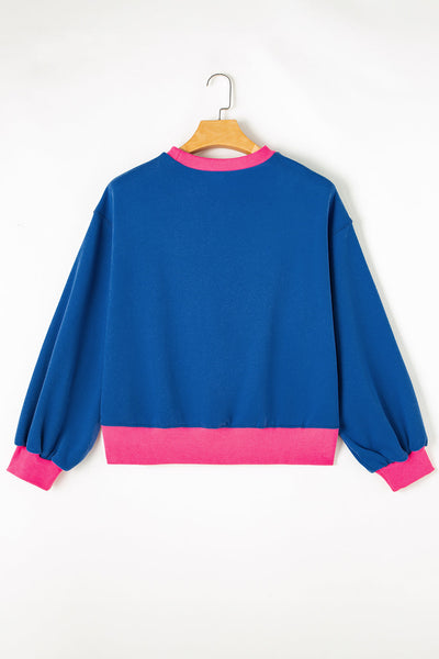 Trendy Women's Blue Colorblock Bubble Sleeve Sweatshirt Stylish Casual Top for Comfort and Everyday Wear