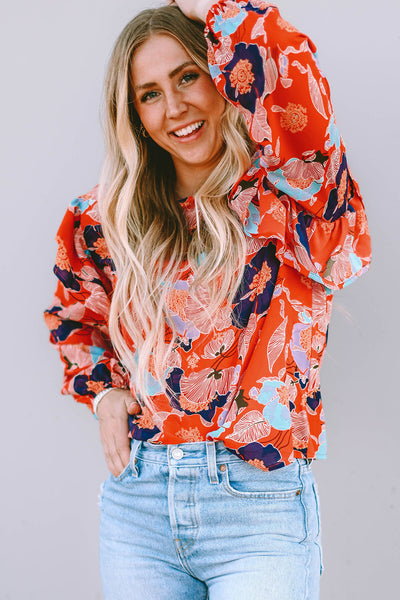 Women's Fiery Red Floral Ruffle Puff Sleeve Blouse - Chic Summer Top with Feminine Fit and Eye-Catching Design