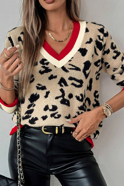 Trendy Women's Khaki Leopard Knit Sweater with Striped Trim - Cozy V-Neck for Chic Fall Style