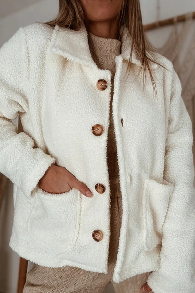 Stylish Women's Cozy Beige Sherpa Jacket with Collar, Button Closure - Perfect Warm Layer for Fall and Winter Fashion