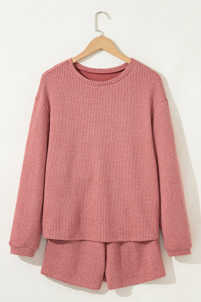 Mineral Red Textured Loose Pullover & Casual Shorts Set for Women Comfy Chic Loungewear for Relaxed Days
