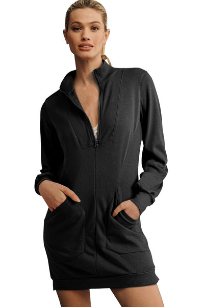Women's Ribbed Patchwork Quarter-Zip Sweatshirt Dress in Charcoal