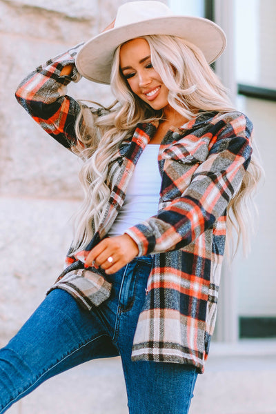 Women's Stylish Khaki Geometric Plaid Shacket with Pockets - Perfect Layering Piece for Fall & Winter Fashion