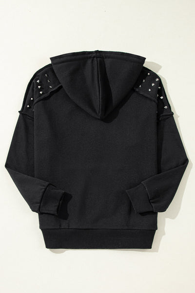 Chic Women's Black Raglan Hoodie with Pocket - Trendy Rivet-Studded Comfortable Casual Wear for Everyday Style