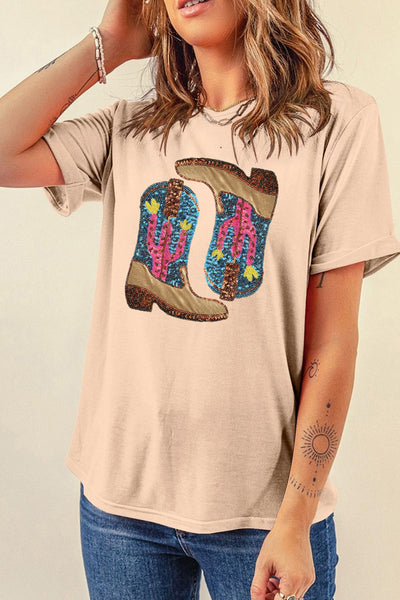 Khaki Sequin Embellished Western Boots & Graphic Tee Combo