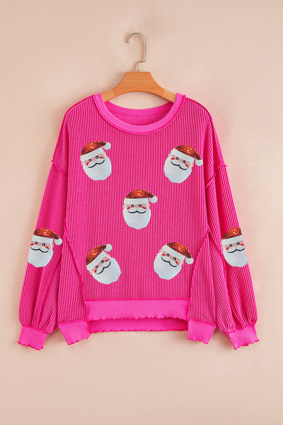 Women's Pink Sequin Santa Ribbed Knit Christmas Top