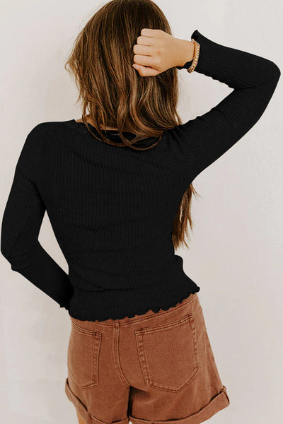 Chic Women's Black Ribbed Long Sleeve Top with Lace Neckline, Button Accents, and Lettuce Hem for Effortless Style