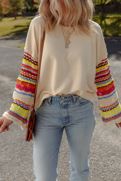 Beige Women's Casual Chic Round Neck Knit Top with Colorful Patchwork and Stylish Sleeves for Effortless Style