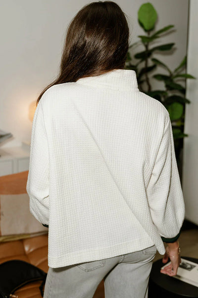 Women's Cozy White Waffle Texture Polo Neck Zip-Up Jumper with Contrast Details Trendy Casual Style for Every Season