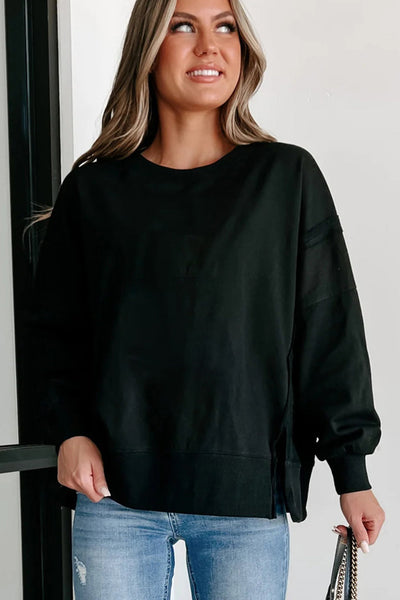 Women's Black Drop Shoulder Sweatshirt with Exposed Seams and Side Slits - Casual, Cozy Fit for Everyday Style