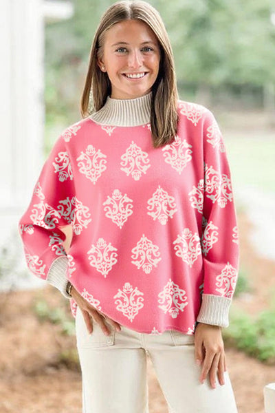 Stylish Women's High Neck Pink Geometric Ribbed Sweater with Cuffed Sleeves for Cozy Winter Fashion