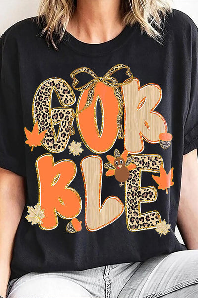 Women's Black Gobble Leopard Print Holiday Graphic Tee