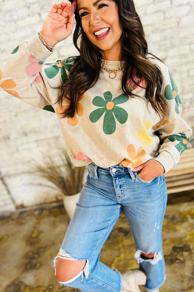 Trendy Women's Khaki Mineral Wash Sweatshirt with Floral Print and Drop Shoulders for Effortless Casual Style