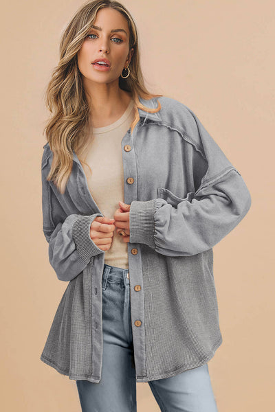 Women's Grey Mixed-Texture Waffle Knit Shacket with Exposed Seams