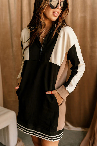 Women's Stylish Black Color Block Long Sleeve Mini Dress with Quarter Zip Comfy Fit for Casual Outings and Events