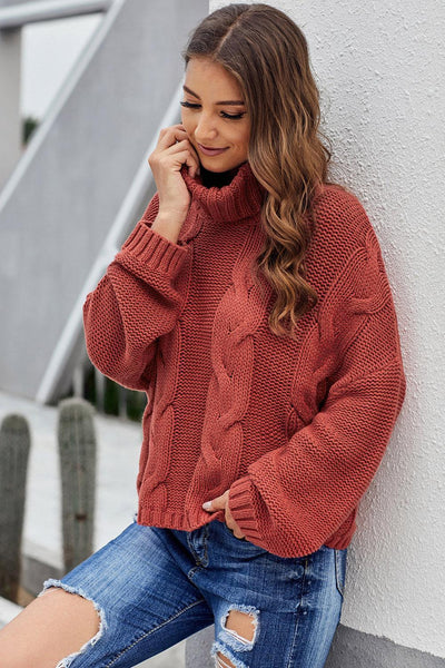 Cozy Women's Fiery Red Handmade Cable Knit Turtleneck Sweater Stylish Warmth for Cuddle Weather Comfort