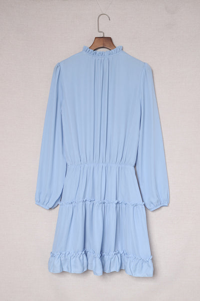 Chic Light Blue V-Neck Long Sleeve Ruffle Mini Dress for Women Ideal for Spring & Summer Events, Effortlessly Stylish