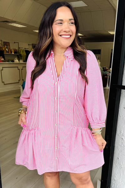 Plus Size Casual Chic Pink Stripe Long Sleeve Mini Shirt Dress with Ruffled Hem for Trendy Women
