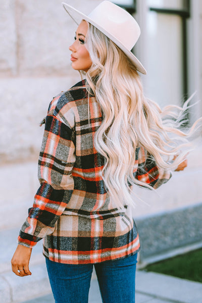 Women's Stylish Khaki Geometric Plaid Shacket with Pockets - Perfect Layering Piece for Fall & Winter Fashion