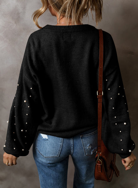 Elegant Black Pearled Drop Shoulder Sweater for Women - Cozy Round Neck Knit Top with Stylish Design and Comfortable Fit