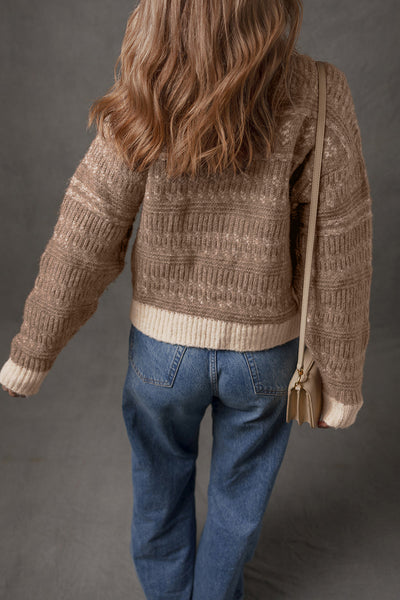 Stylish Women's Dark Brown Geometric Knit Sweater with Contrast Colors and Drop Sleeves Ideal for Casual Layering