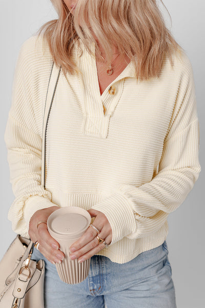 Women‚Äôs Apricot Textured Henley Sweatsuit with Lantern Sleeves Chic, Cozy Outfit for Casual Days and Relaxed Style