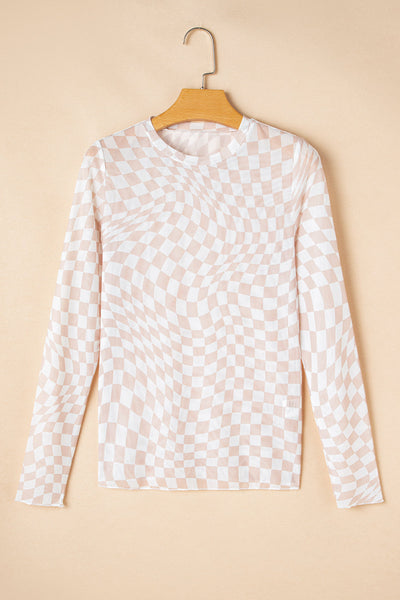 Chic Women's Khaki Checkered Long Sleeve Mock Neck Top - Stylish & Comfortable for Everyday Casual Wear