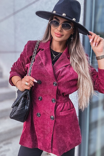 Effortlessly Chic Women's Pitaya Pink Corduroy Blazer with Smocked Waist & Double-Breasted Design for Stylish Comfort
