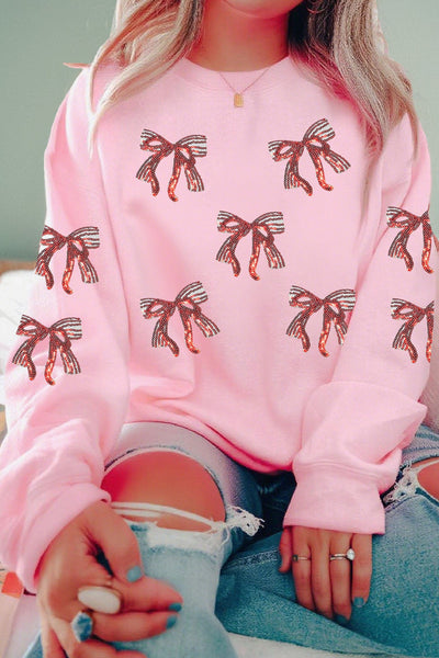 Women's Pink Oversized Sequin Bow Sweatshirt with Drop Shoulder