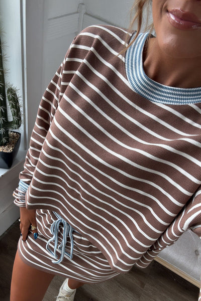 Trendy Women's Brown Striped Cropped Long Sleeve Top with Drawstring Mini Skirt Set - Stylish Patchwork Outfit made for easy styling and wardrobe