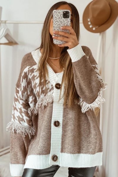 Chic Women's Khaki Houndstooth Color Block V-Neck Cardigan with Raw Edge & Button Front for Trendy Layering