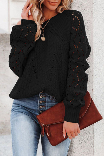 Trendy Women's Black Knit Sweater with Hollow-Out Design & Puffy Sleeves Must-Have for Fall Fashion