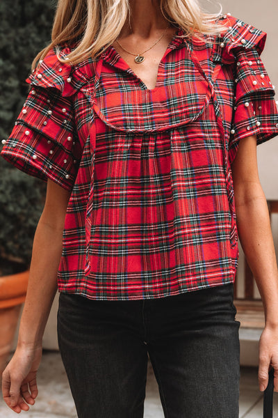women's pearl-embellished red plaid ruffle sleeve blouse made for easy styling and wardrobe coordination, with premium-like structure and finish. with