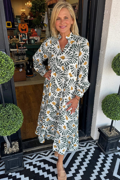 Elegant Women's Gray Abstract Floral Long Sleeve Dress - Versatile V-Neck Style for Casual and Formal Summer Events made for easy styling and wardrobe