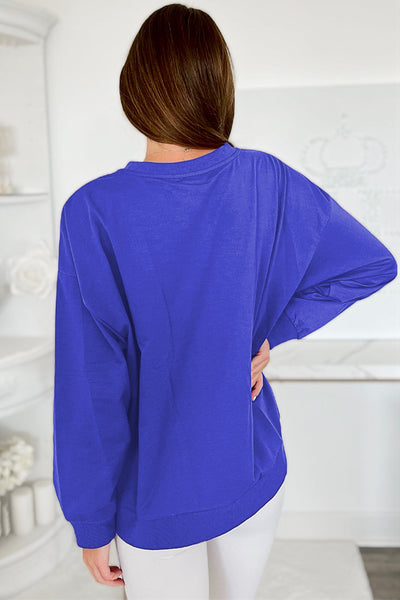 Women's Trendy Dark Blue Graphic Sweatshirt with Tinsel Detail, Relaxed Fit for Game Day Style and Ultimate Comfort